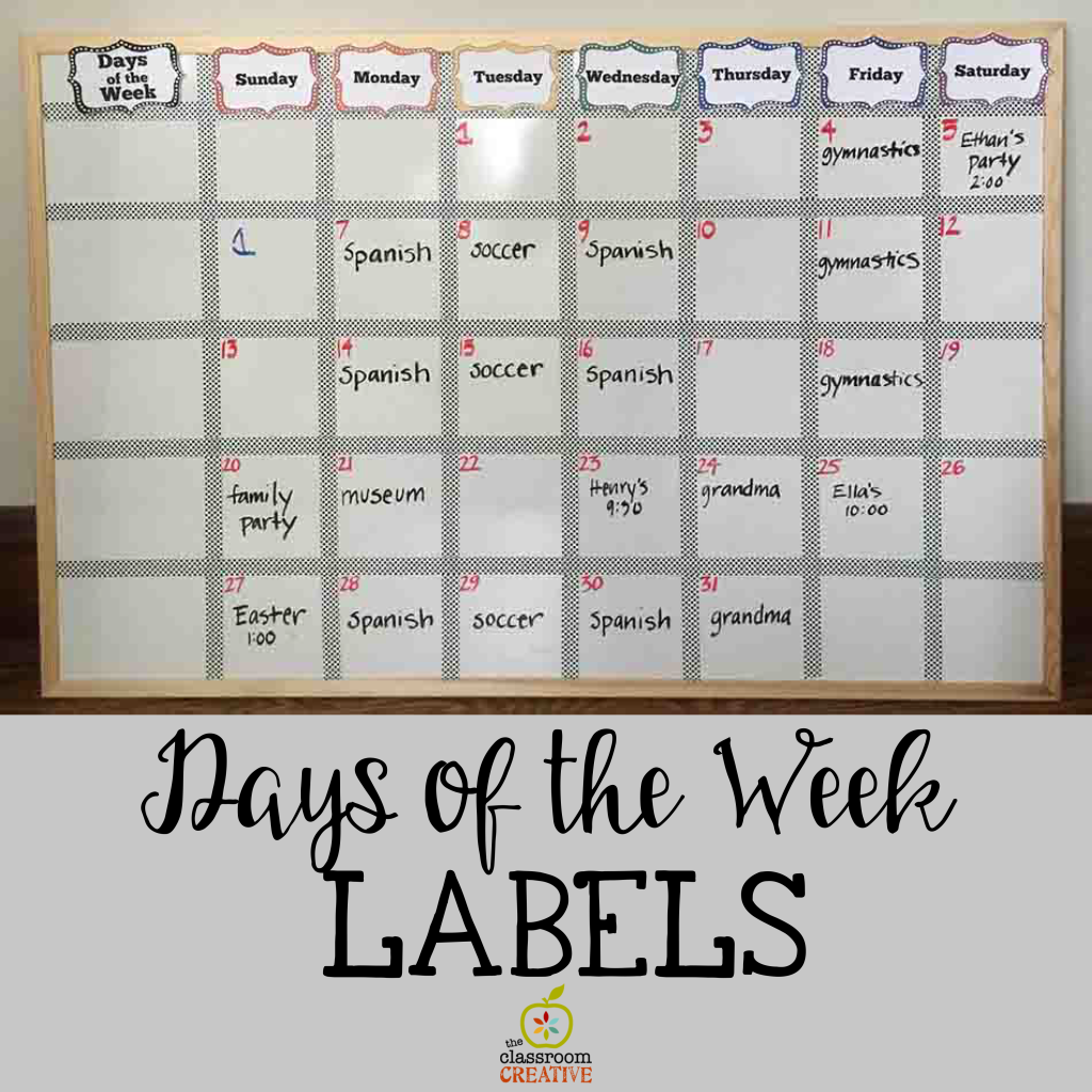 days of the week labels printables