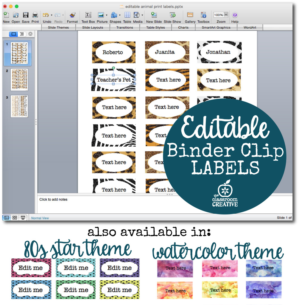 editable binder clip labels