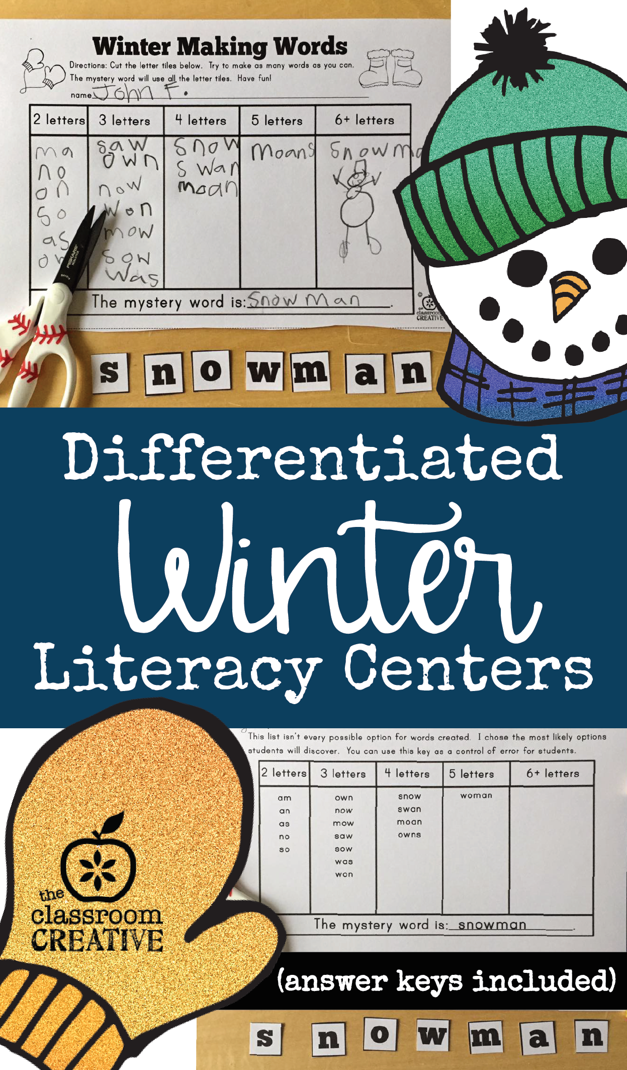 Differentiated Winter Literacy Centers for Kindergarten, First Grade, and Second Grade